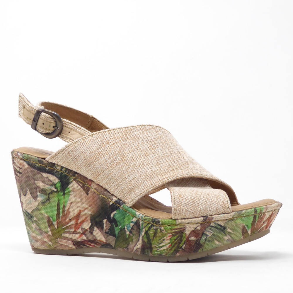 Born Womens Emmy II Platform Wedge Sandals Beige Floral Cross Strap Slingback 10